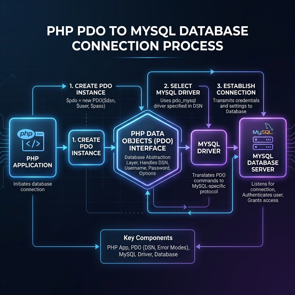 Bagan alir aplikasi PHP ke antarmuka PDO, diteruskan ke driver database, lalu berakhir di server database target.