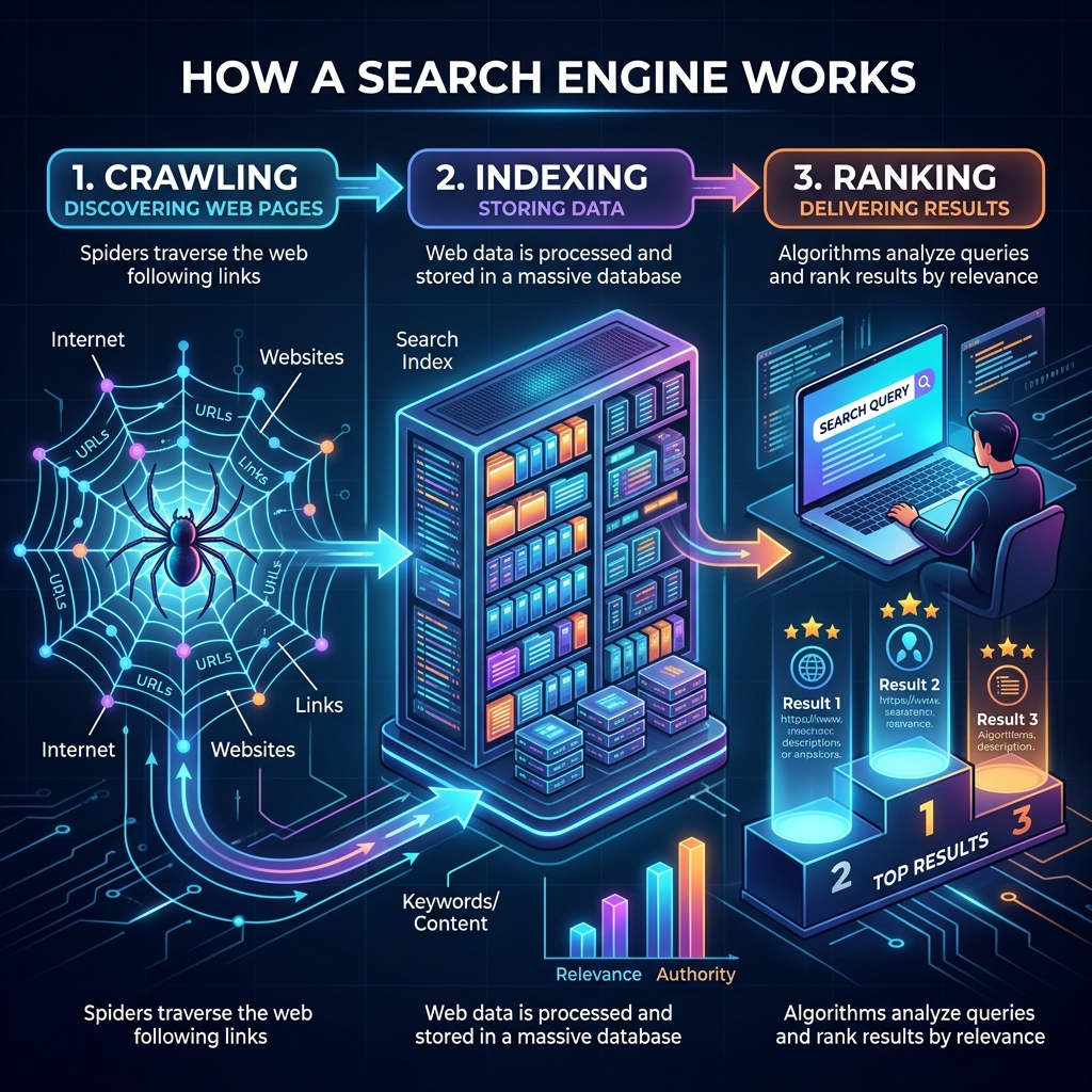 Diagram visual interaktif yang menggambarkan fase penelusuran, pemrosesan indeks, hingga evaluasi peringkat halaman web