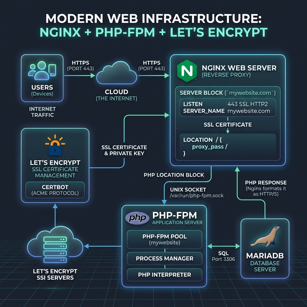 Diagram arsitektur Nginx untuk konfigurasi Virtual Host dan Reverse Proxy