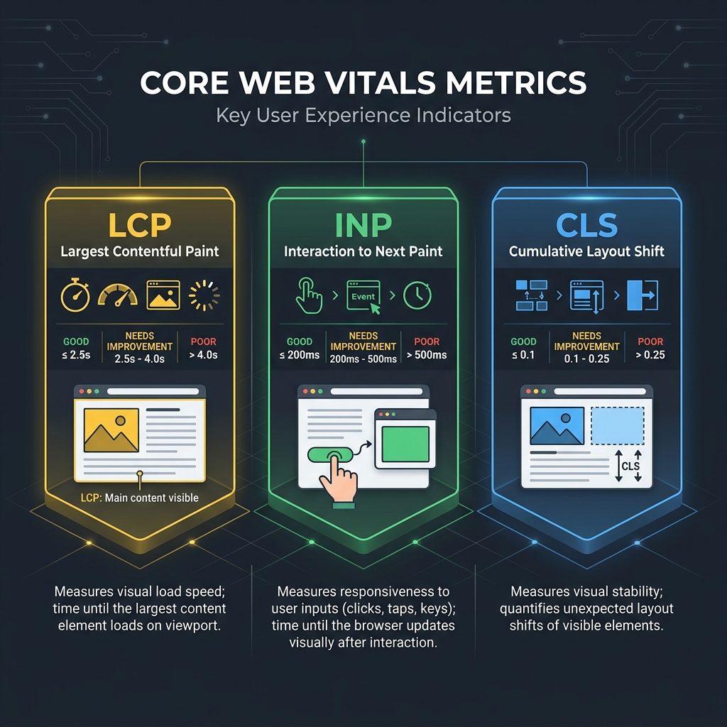 Diagram alur metrik Core Web Vitals yang menjelaskan ambang batas LCP, INP, dan CLS untuk optimasi SEO