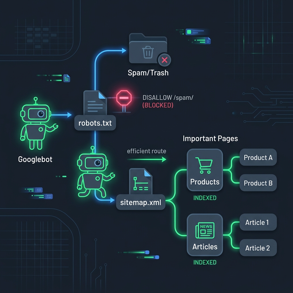 Diagram Alur Perayapan: Cara mesin pencari menghemat crawl budget dan merayapi robots.txt serta sitemap XML saat belajar SEO