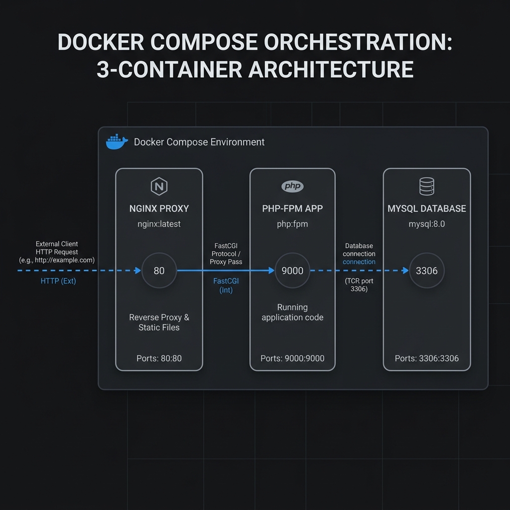 Diagram arsitektur Docker Compose untuk Nginx dan PHP-FPM