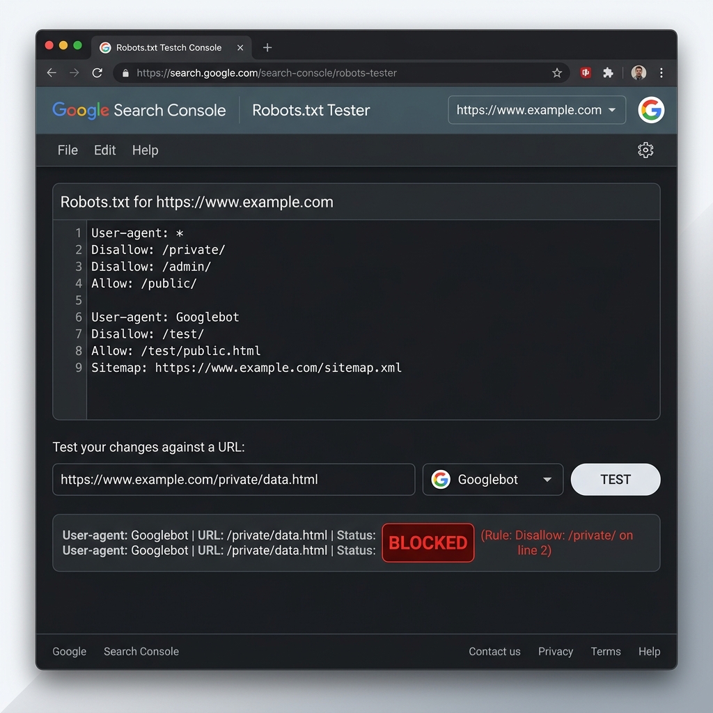 Screenshot Antarmuka Google Search Console Robots Testing Tool yang menunjukkan status BLOCKED berwarna merah pada URL yang dilarang