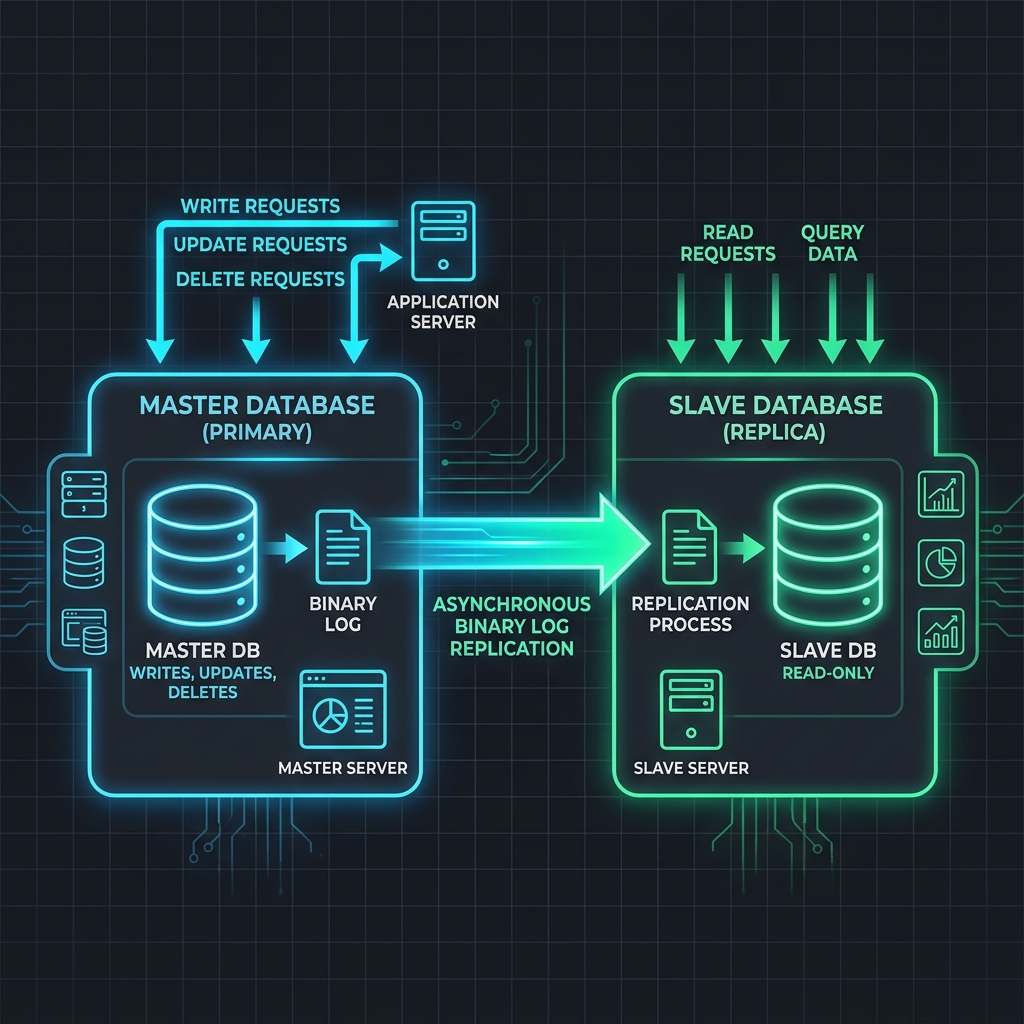 Diagram arsitektur Replikasi Master-Slave Database yang menunjukkan operasi Write pada Master dan operasi Read pada Slave dengan panah Asynchronous Binary Log Replication