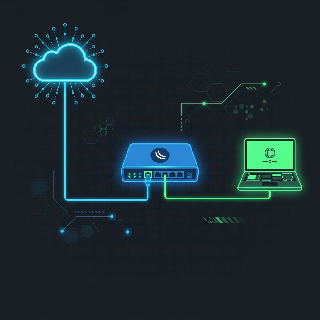 Gambar visual grafik topologi jaringan komputer dari ISP ke Router MikroTik lalu menyebar ke Komputer Klien secara lengkap