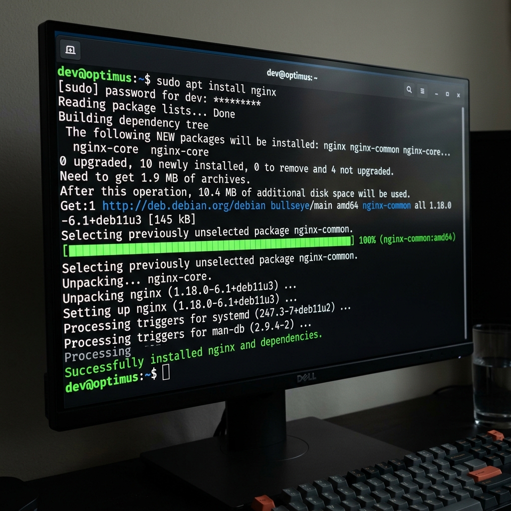 Screenshot terminal Linux saat menjalankan perintah sudo apt install nginx untuk menginstal web server Nginx