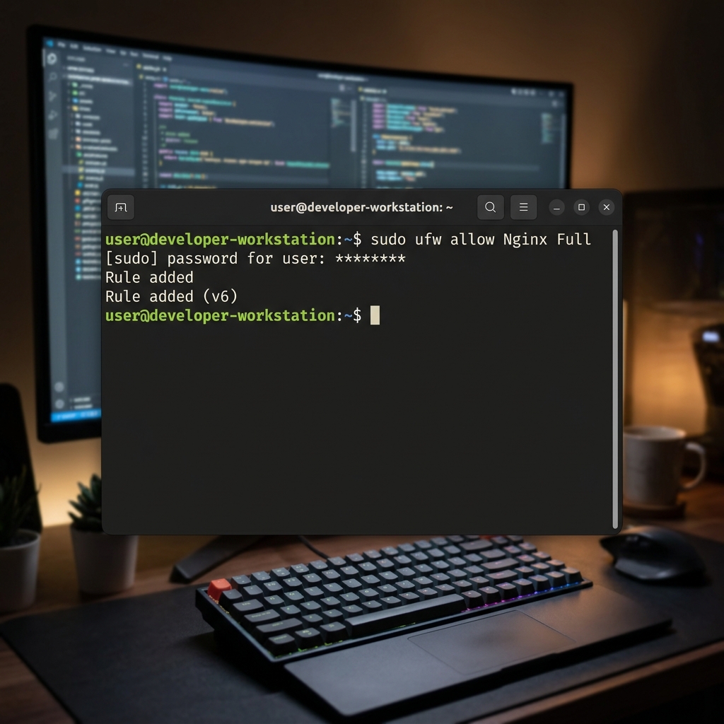 Screenshot terminal Linux menunjukkan output Rule added setelah menjalankan sudo ufw allow Nginx Full