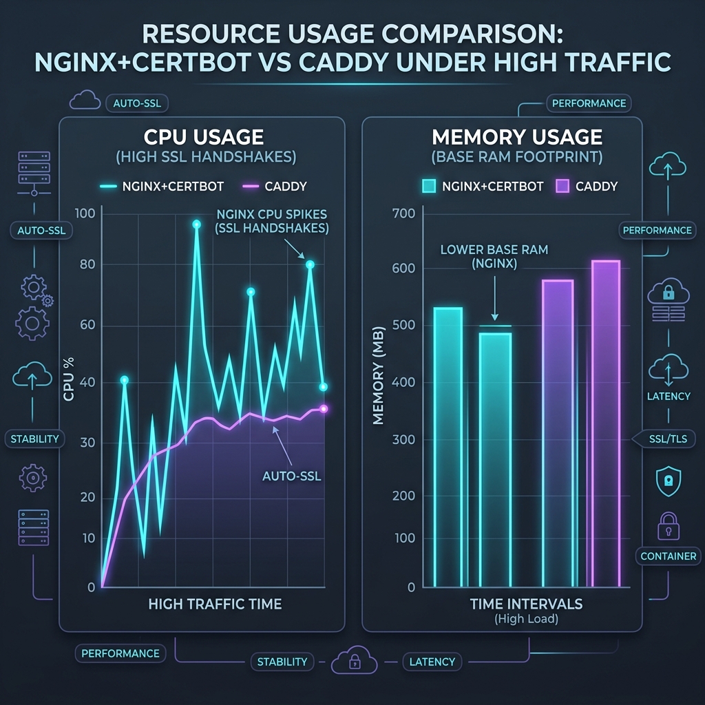 Grafik visualisasi perbandingan benchmark konsumsi RAM dan CPU antara Nginx+Certbot vs Caddy under high traffic