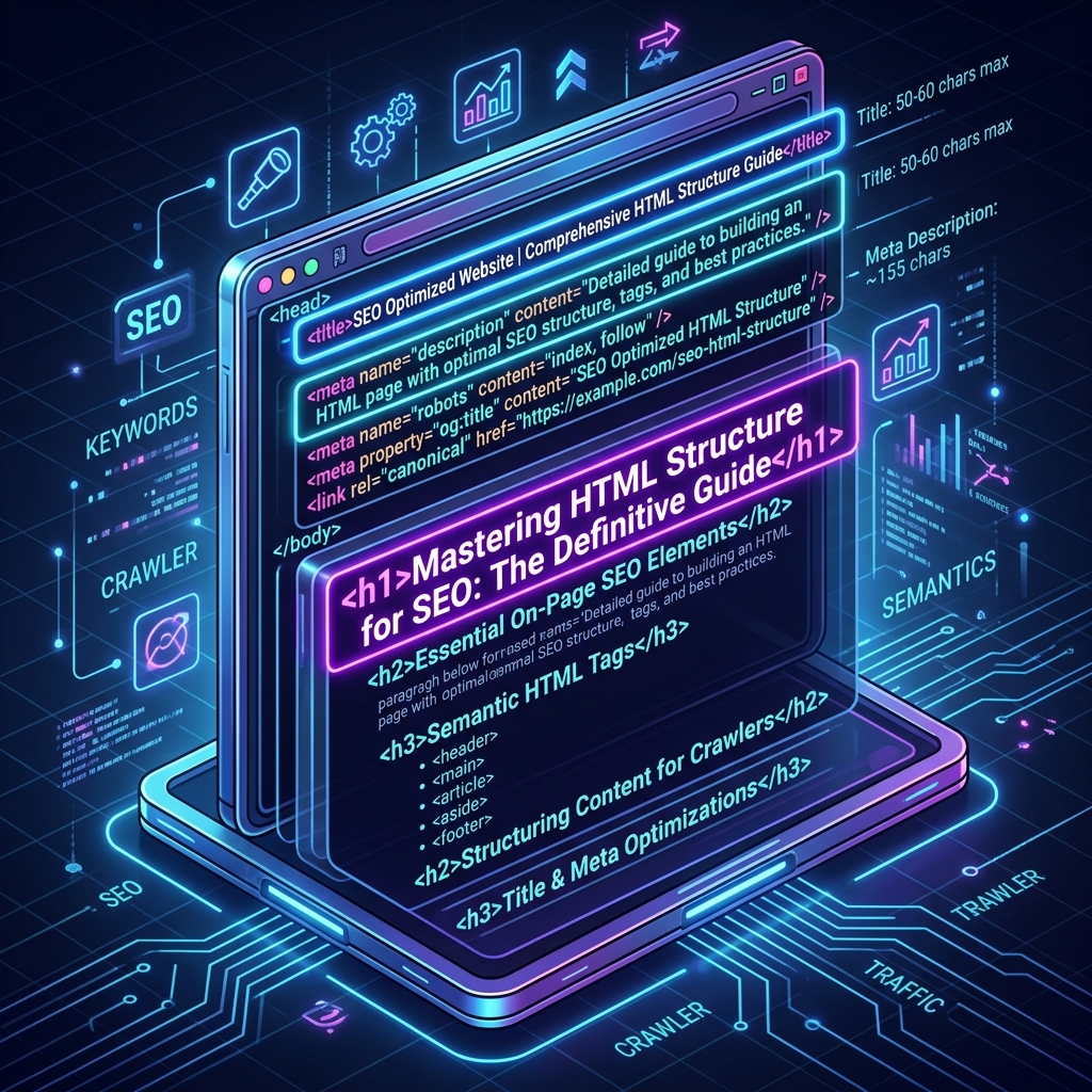 Ilustrasi struktur kode HTML SEO On-Page yang menampilkan Title Tag, Meta Description, dan Heading H1 yang dioptimasi.