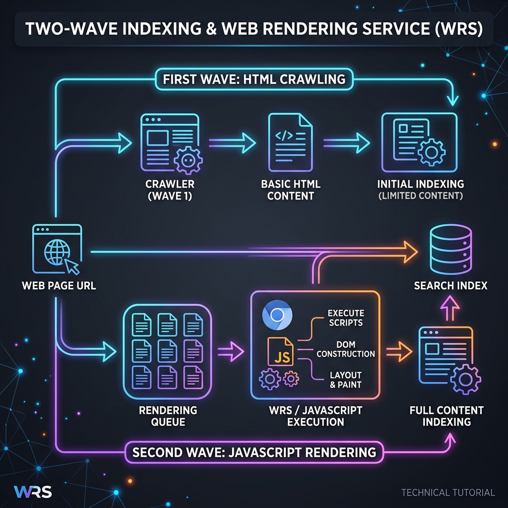 Ilustrasi tahapan pengolahan dokumen kode skrip dinamis dan statis melalui siklus Web Rendering Service