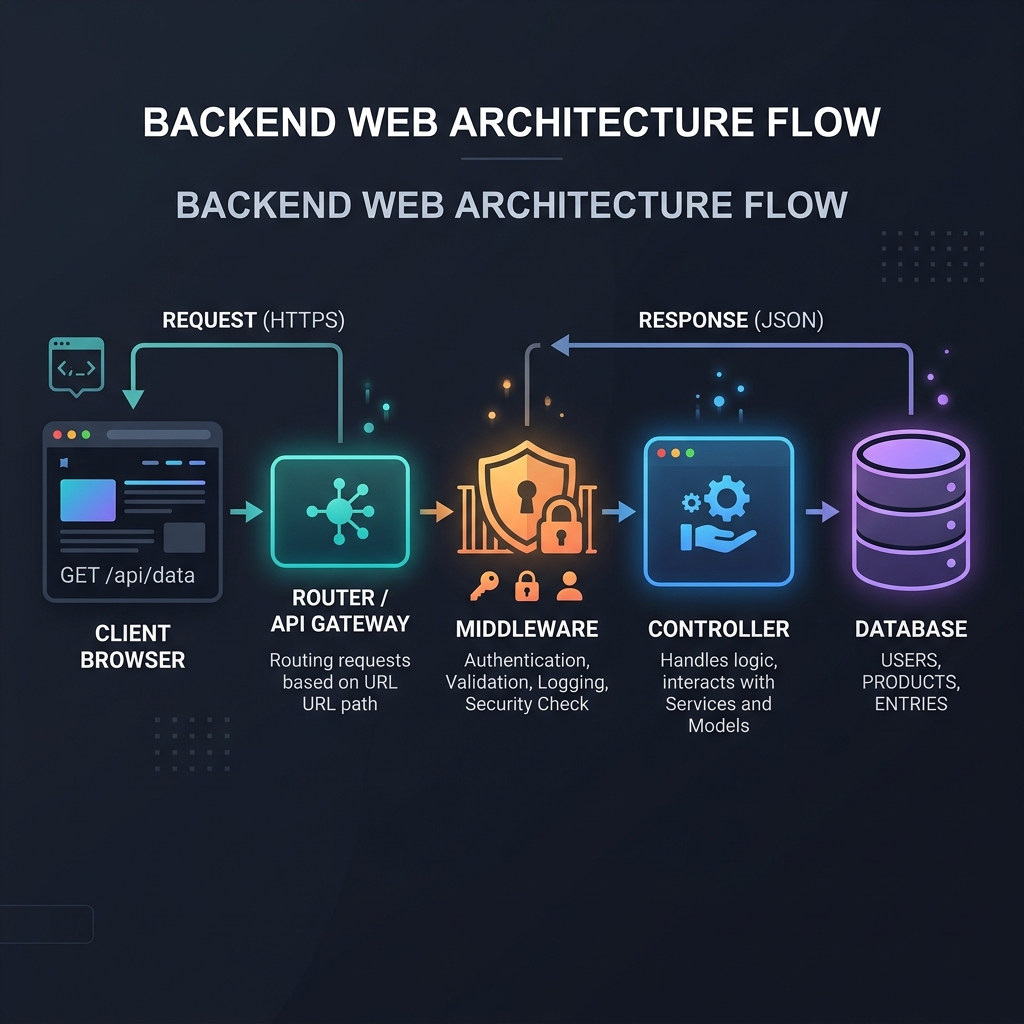 Diagram alur arsitektur Routing dan Middleware dalam Backend Development