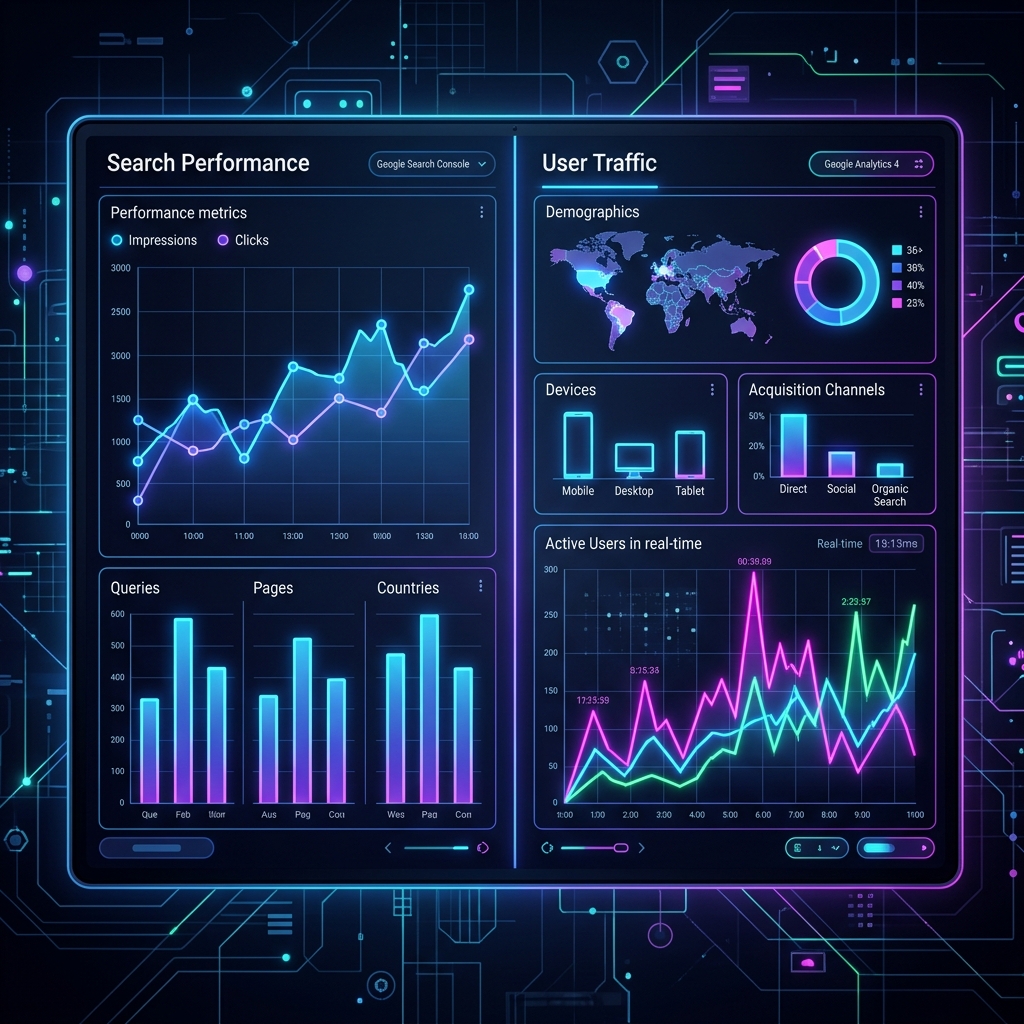 Screenshot Dasbor Google Analytics 4 terintegrasi Search Console