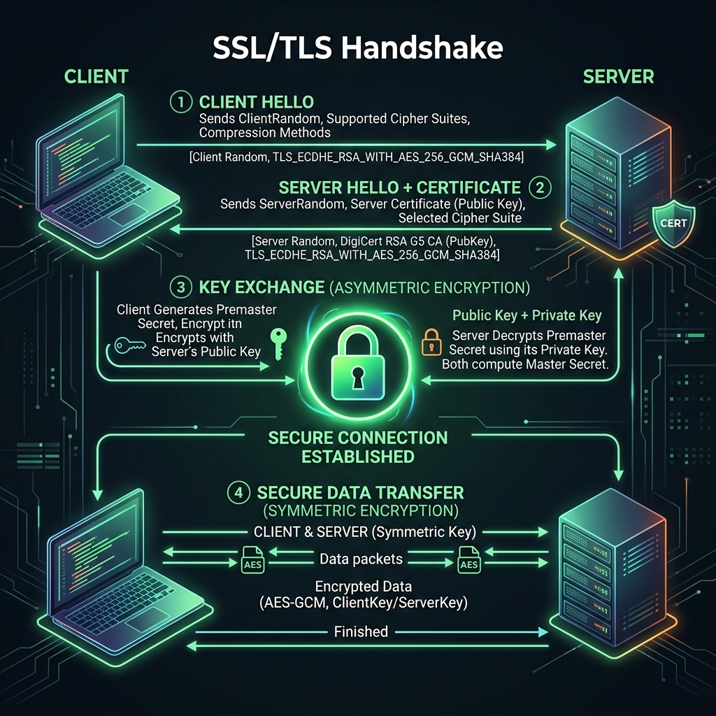 Diagram teknis proses SSL/TLS Handshake mulai dari Client Hello, pertukaran kunci publik Asymmetric Encryption, hingga Secure Data Transfer dengan Symmetric Encryption