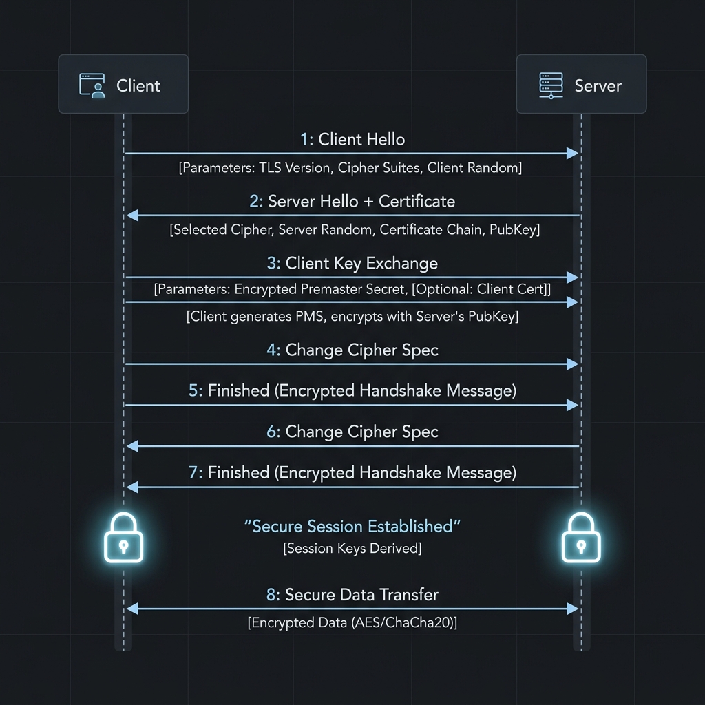 Diagram arsitektur Sequence proses negosiasi SSL/TLS Handshake dari Client Hello hingga Secure Data Transfer