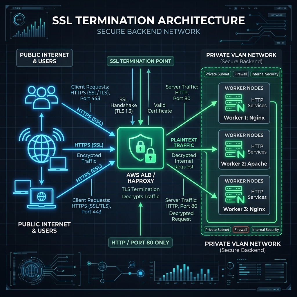 Diagram arsitektur SSL Termination Load Balancer AWS ALB dan Node Pekerja HTTP murni