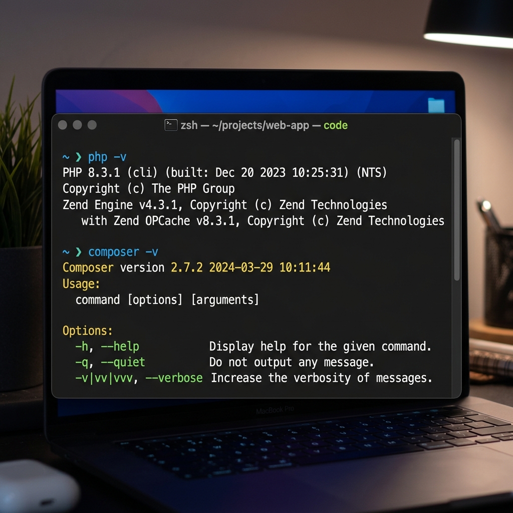 Tampilan terminal saat berhasil cek versi composer dan php