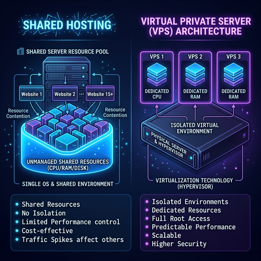 Diagram arsitektur visual membandingkan Shared Hosting tanpa isolasi vs VPS dengan isolasi sumber daya penuh
