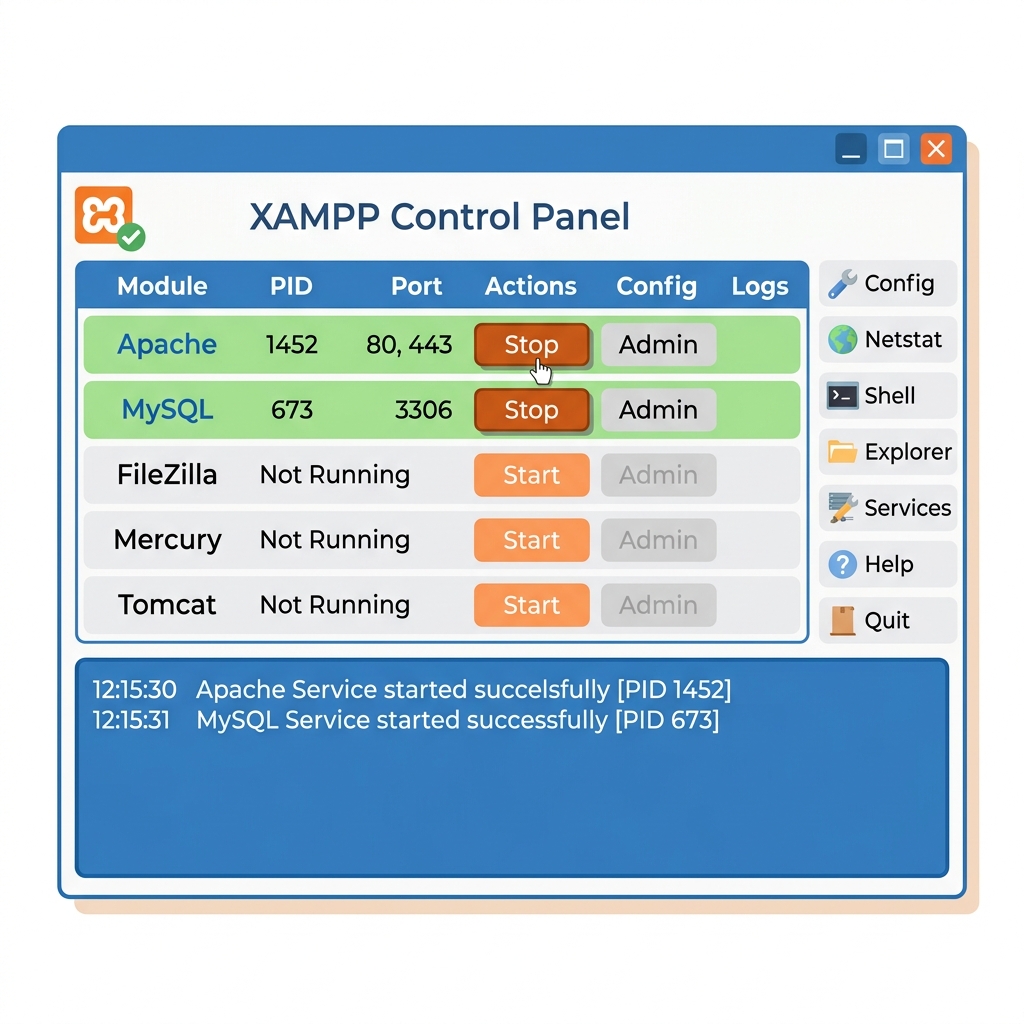 Klik Start pada Apache dan MySQL hingga hijau