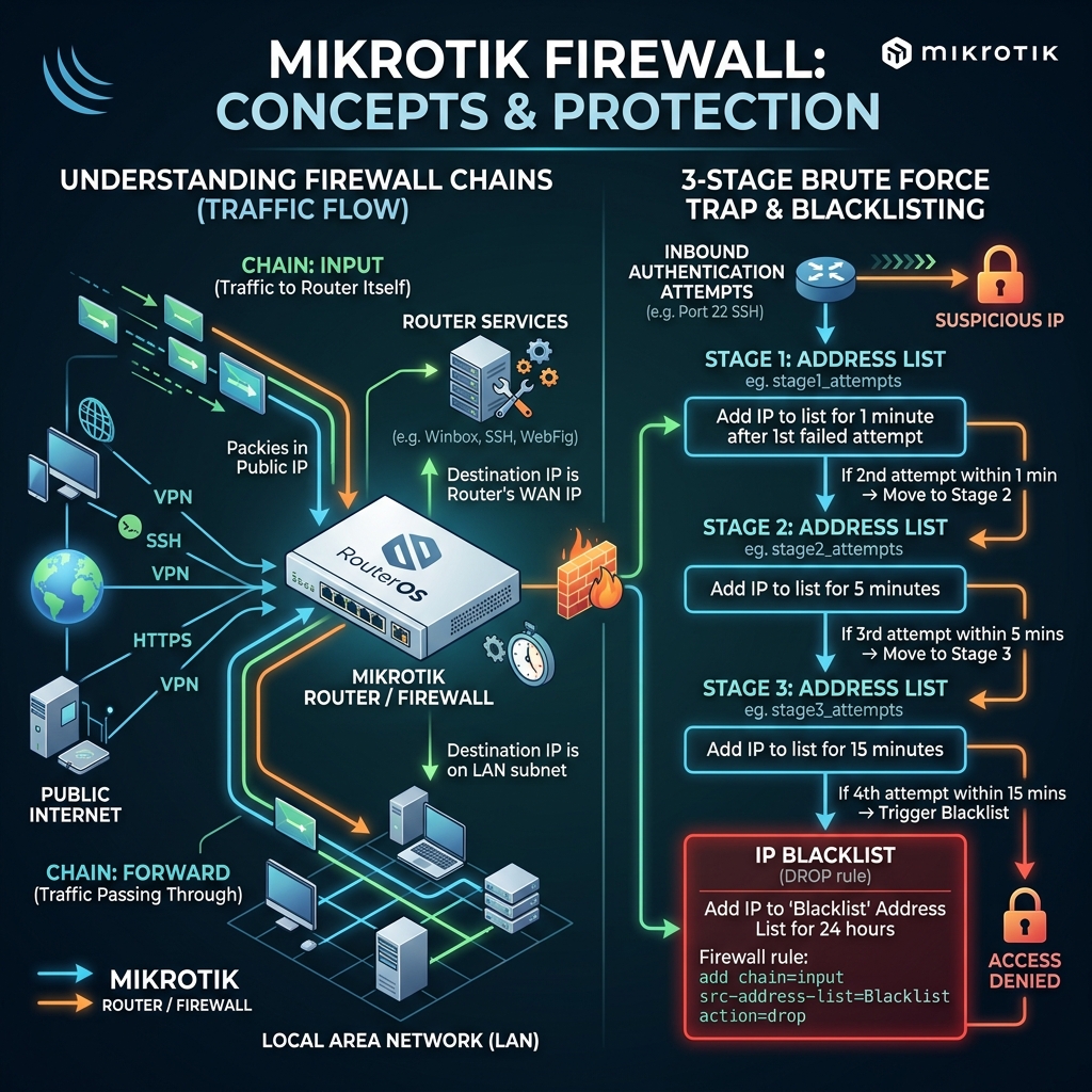 Diagram MikroTik Firewall Chain dan Alur Brute Force