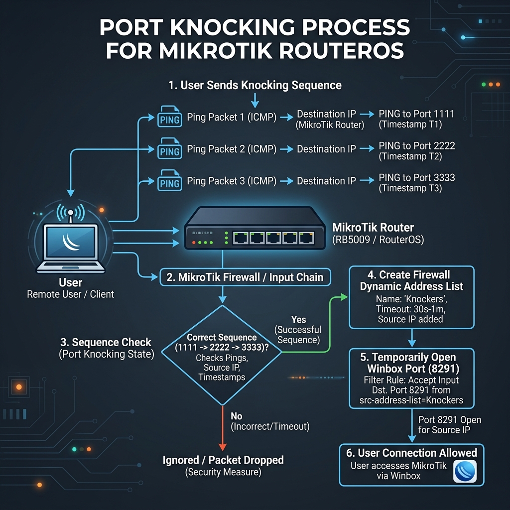 Diagram Alur Port Knocking MikroTik