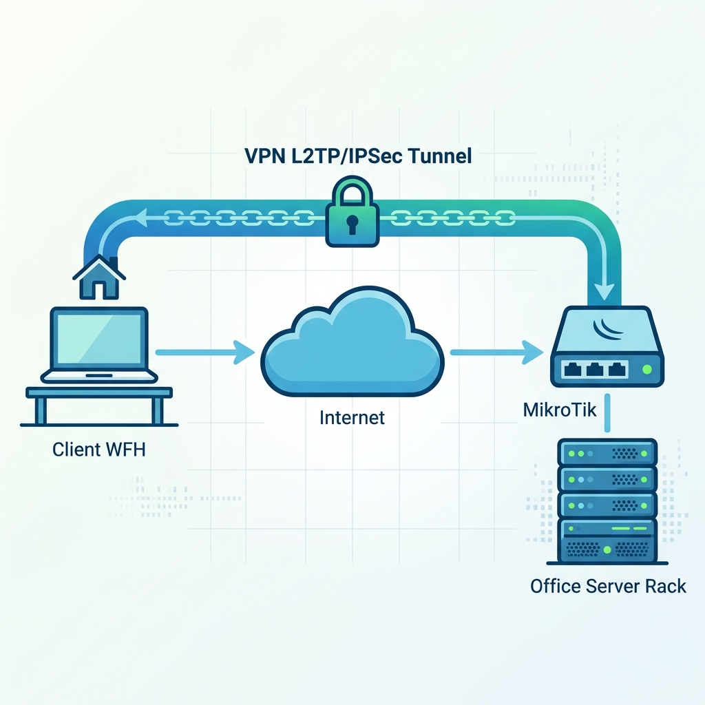 Diagram Topologi VPN L2TP/IPSec dari Client Laptop WFH via Internet menuju MikroTik Router dan Server Lokal Kantor