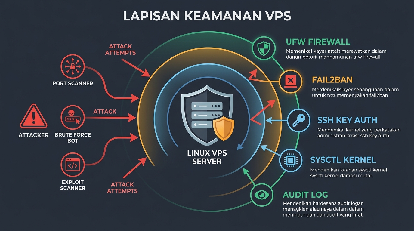 Diagram Lapisan Keamanan VPS Linux: UFW Firewall, Fail2Ban, SSH Key Auth, PAM 2FA, Sysctl Kernel Hardening, Audit Log Lynis