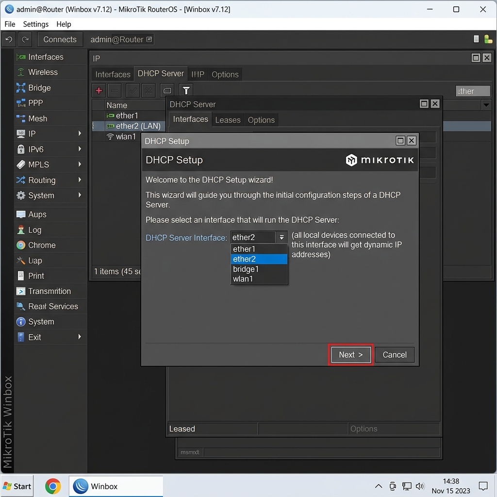 Screenshot Winbox DHCP Setup Wizard MikroTik